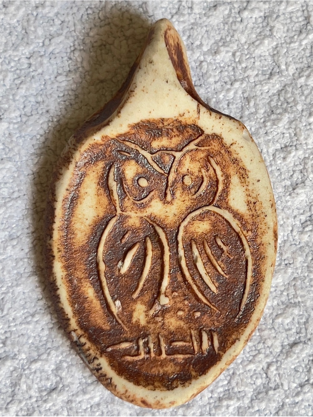 Vintage Hand-Carved Organic Material Owl Pendant Artisan Marked Folk
